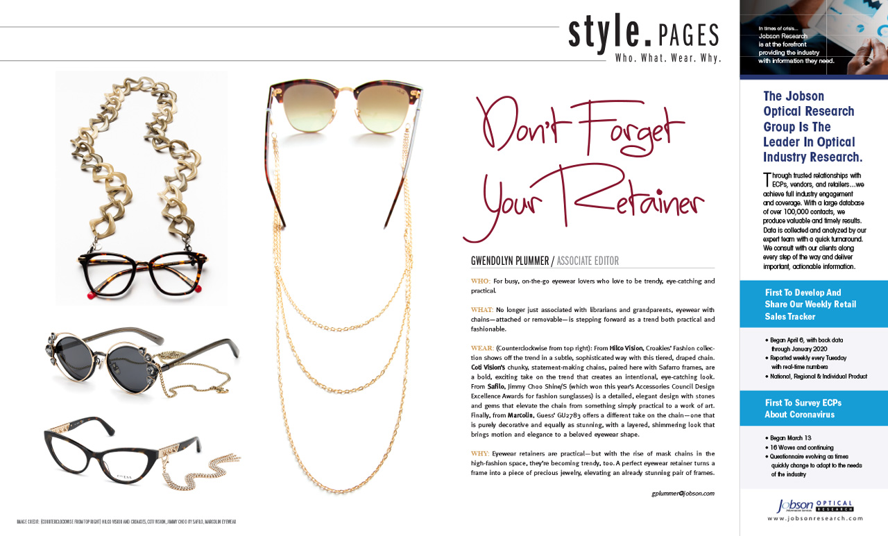 Magazine spread featuing Croakies' Fashion Eyewear Chains